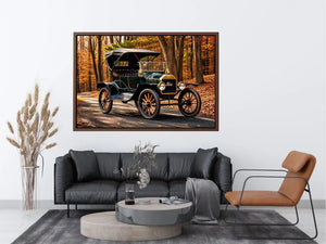 Vintage Ford car wall art canvas in autumn forest, classic automobile photography decor for living room or office