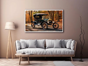 Vintage Ford car wall art canvas in autumn forest, classic automobile photography decor for living room or office
