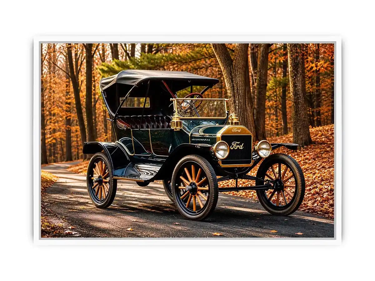 Vintage Ford car wall art canvas in autumn forest, classic automobile photography decor for living room or office