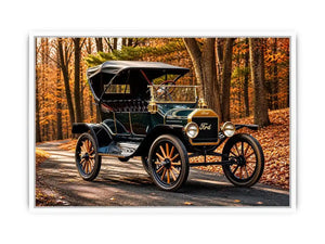 Vintage Ford car wall art canvas in autumn forest, classic automobile photography decor for living room or office