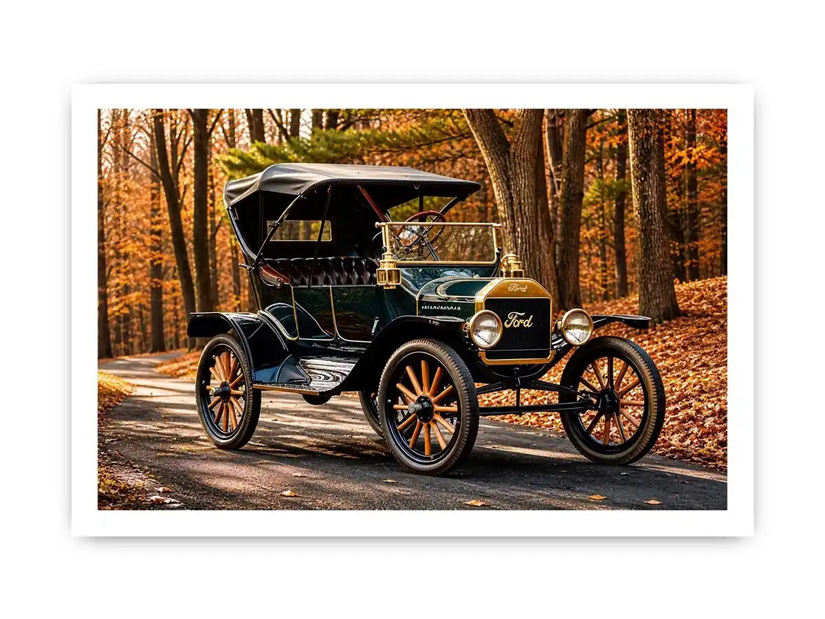 Vintage Ford car wall art canvas in autumn forest, classic automobile photography decor for living room or office