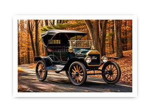 Vintage Ford car wall art canvas in autumn forest, classic automobile photography decor for living room or office