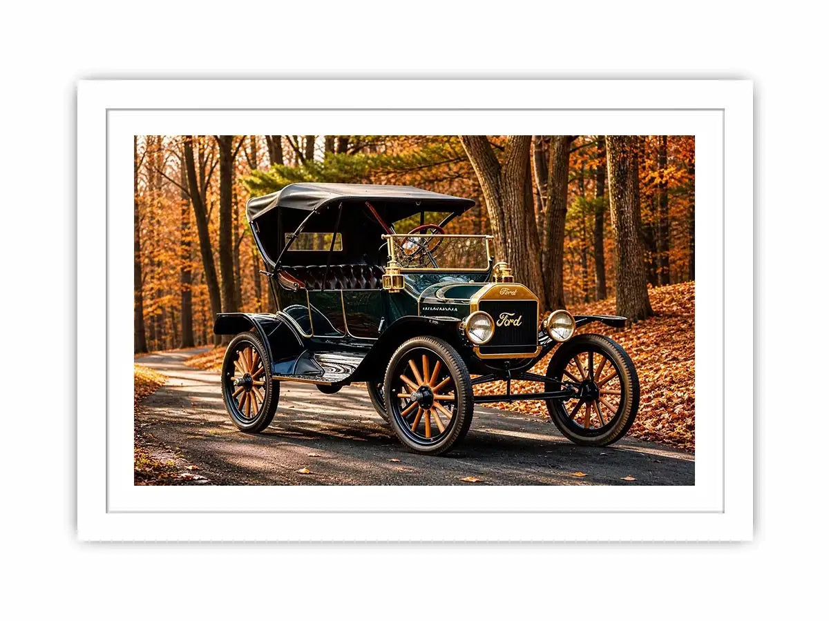 Vintage Ford car wall art canvas in autumn forest, classic automobile photography decor for living room or office