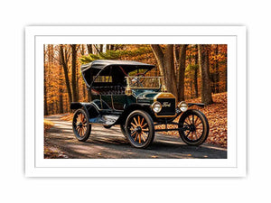 Vintage Ford car wall art canvas in autumn forest, classic automobile photography decor for living room or office