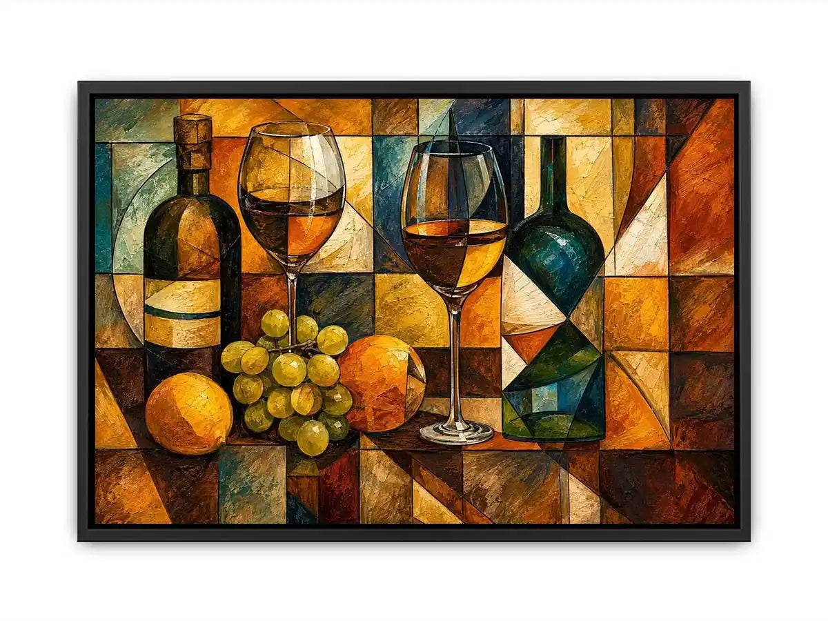 Modern cubist wine still life canvas art for elegant dining room and luxury living room decor.