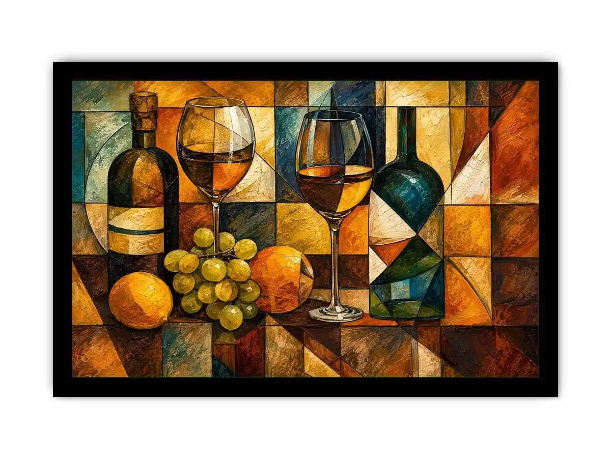 Modern cubist wine still life canvas art for elegant dining room and luxury living room decor.