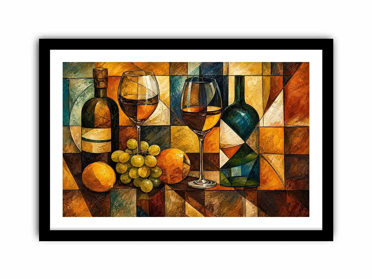 Modern cubist wine still life canvas art for elegant dining room and luxury living room decor.