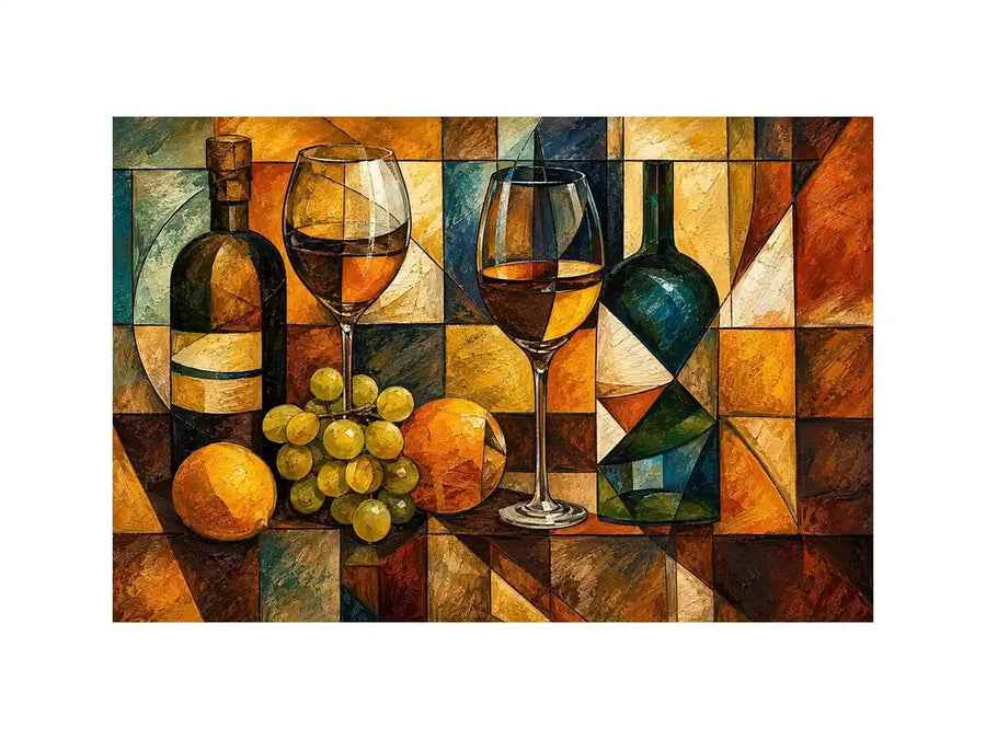 Modern cubist wine still life canvas art for elegant dining room and luxury living room decor.