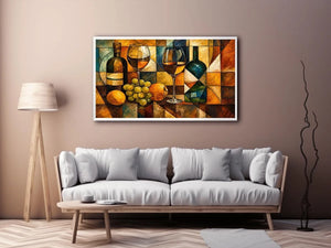 Modern cubist wine still life canvas art for elegant dining room and luxury living room decor.