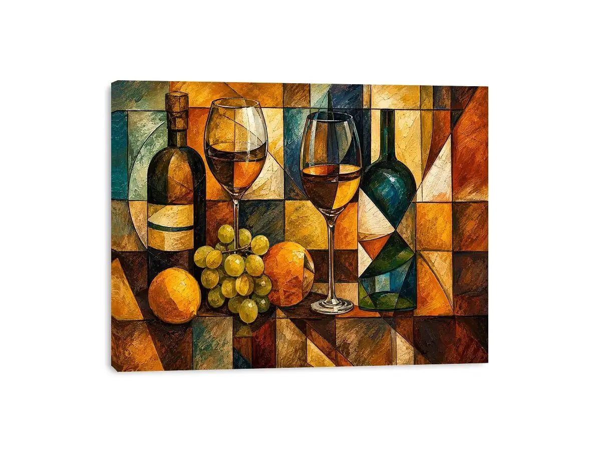 Modern cubist wine still life canvas art for elegant dining room and luxury living room decor.