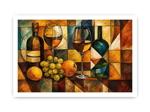 Modern cubist wine still life canvas art for elegant dining room and luxury living room decor.