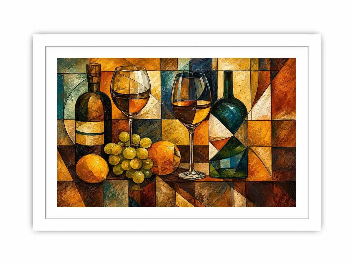 Modern cubist wine still life canvas art for elegant dining room and luxury living room decor.