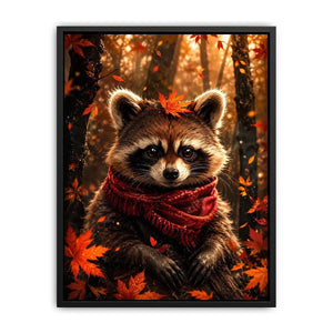 Cute autumn raccoon canvas wall art for cozy bedroom, nursery, and woodland-inspired modern home decor.