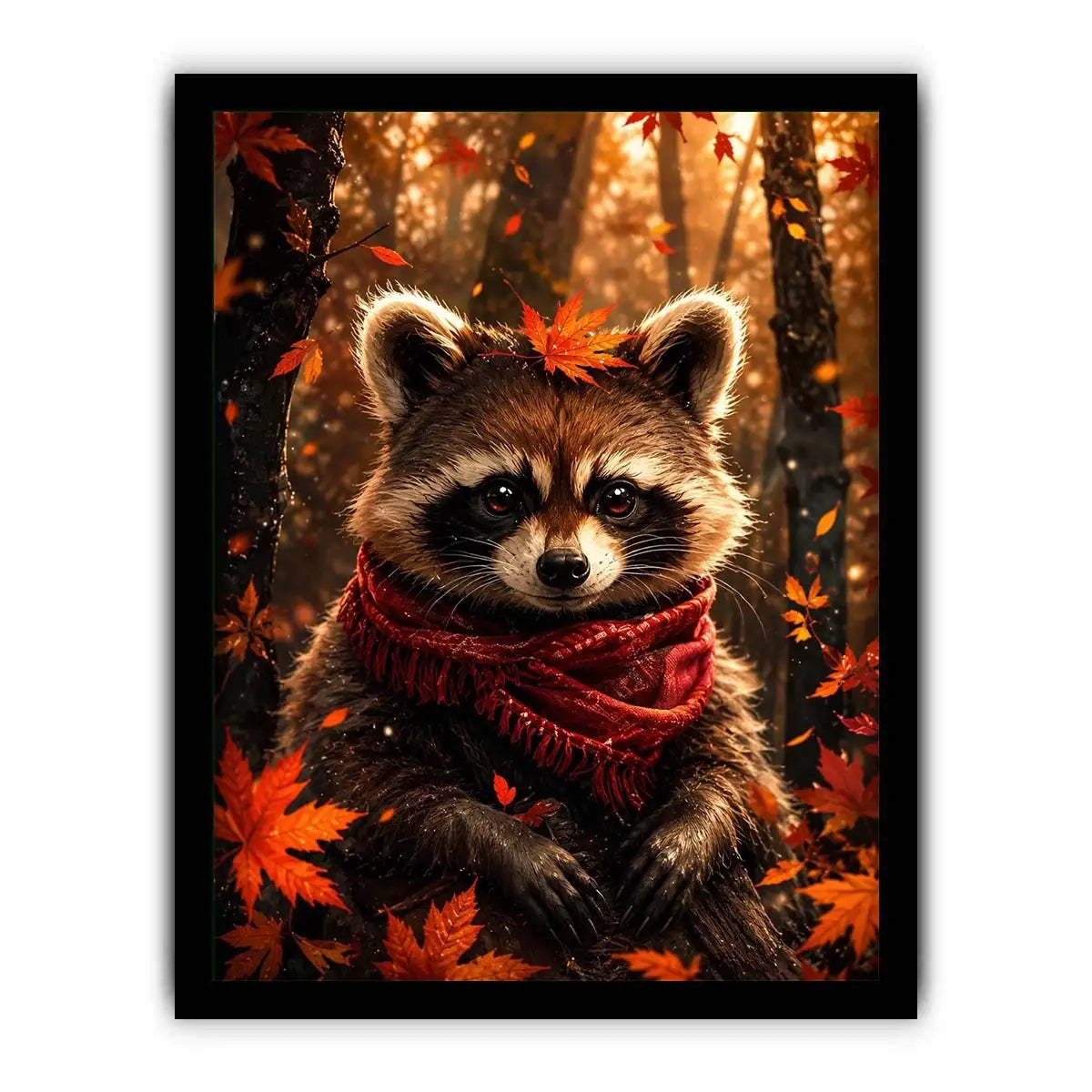 Cute autumn raccoon canvas wall art for cozy bedroom, nursery, and woodland-inspired modern home decor.