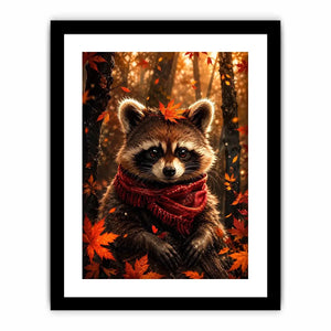 Cute autumn raccoon canvas wall art for cozy bedroom, nursery, and woodland-inspired modern home decor.