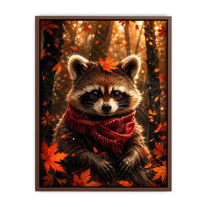 Cute autumn raccoon canvas wall art for cozy bedroom, nursery, and woodland-inspired modern home decor.