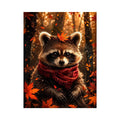 Cute autumn raccoon canvas wall art for cozy bedroom, nursery, and woodland-inspired modern home decor.