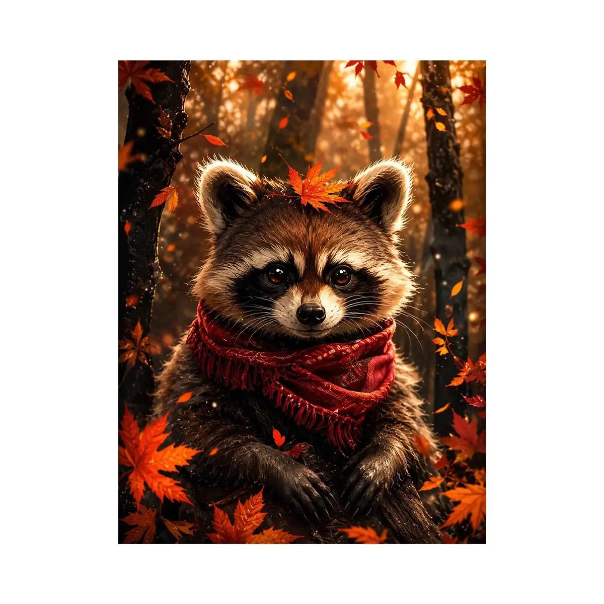 Cute autumn raccoon canvas wall art for cozy bedroom, nursery, and woodland-inspired modern home decor.