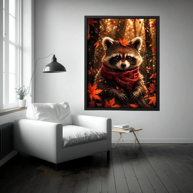 Cute autumn raccoon canvas wall art for cozy bedroom, nursery, and woodland-inspired modern home decor.