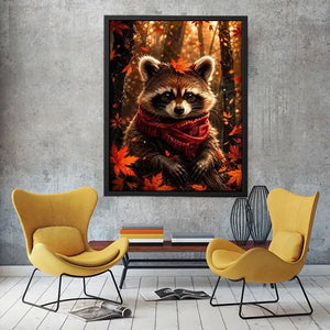 Cute autumn raccoon canvas wall art for cozy bedroom, nursery, and woodland-inspired modern home decor.