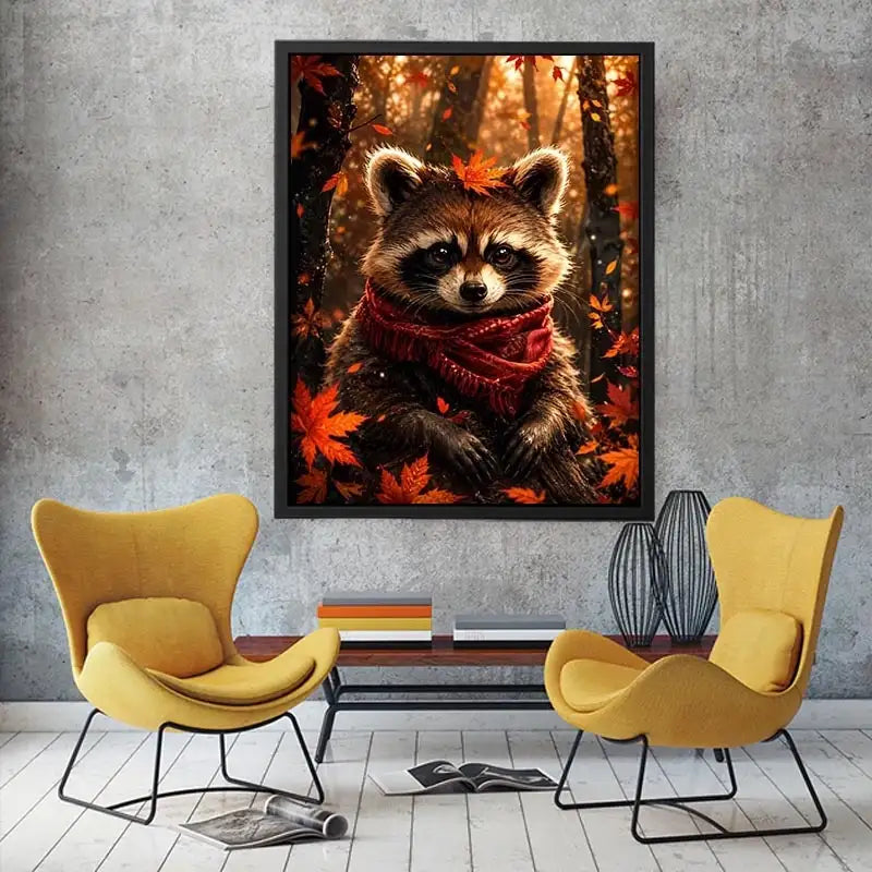 Cute autumn raccoon canvas wall art for cozy bedroom, nursery, and woodland-inspired modern home decor.