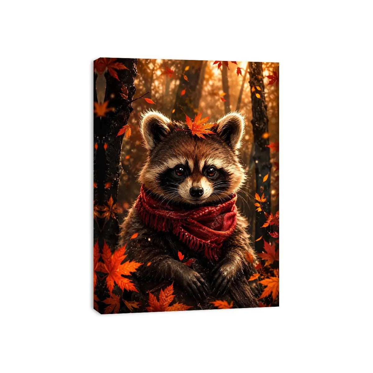 Cute autumn raccoon canvas wall art for cozy bedroom, nursery, and woodland-inspired modern home decor.