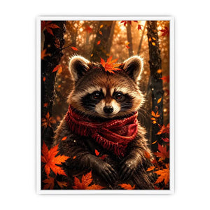 Cute autumn raccoon canvas wall art for cozy bedroom, nursery, and woodland-inspired modern home decor.