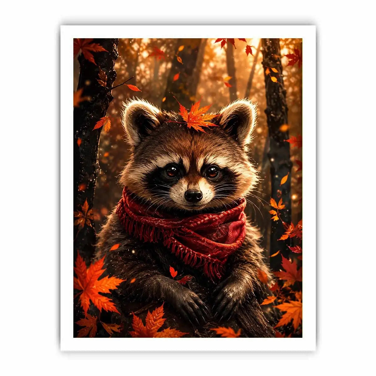 Cute autumn raccoon canvas wall art for cozy bedroom, nursery, and woodland-inspired modern home decor.