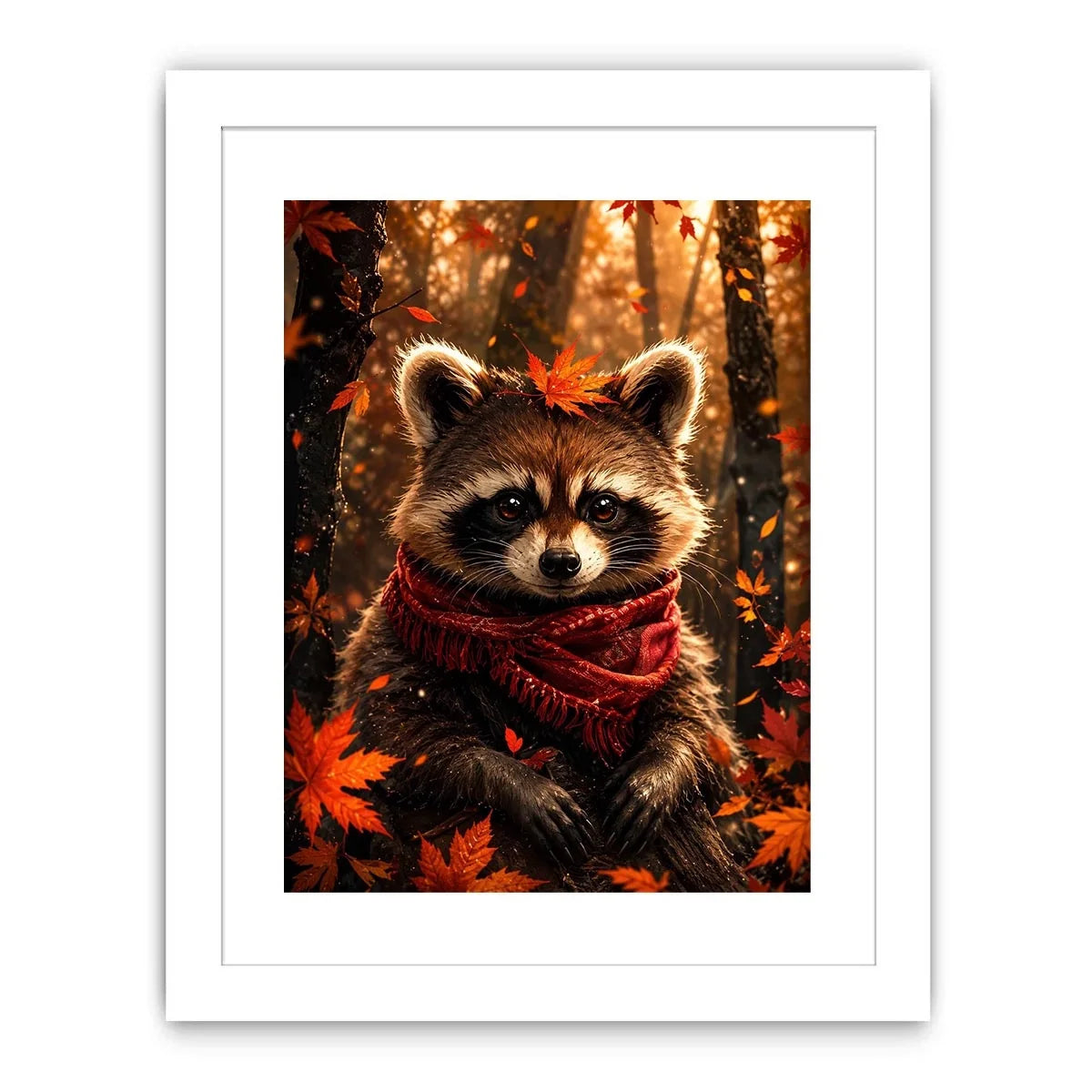 Cute autumn raccoon canvas wall art for cozy bedroom, nursery, and woodland-inspired modern home decor.