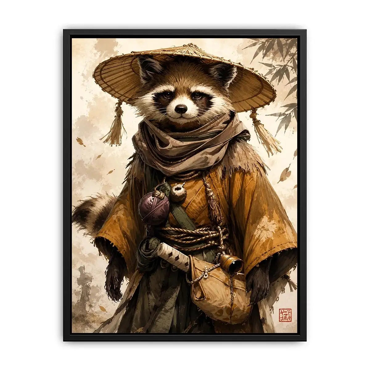Fantasy raccoon wanderer canvas art for modern office, gaming room, and contemporary living room decor.