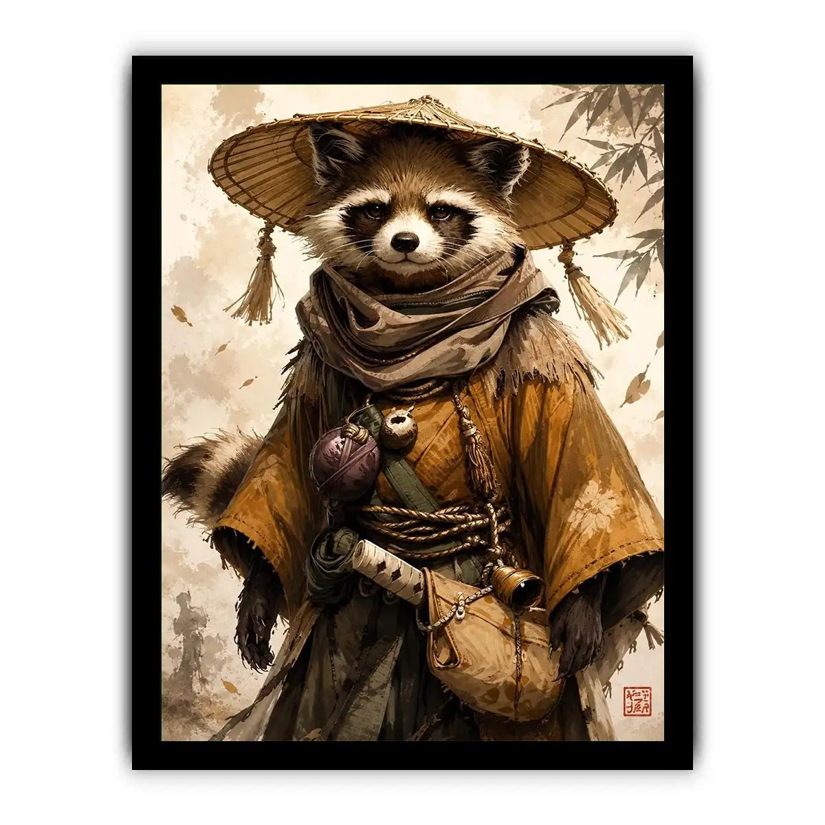 Fantasy raccoon wanderer canvas art for modern office, gaming room, and contemporary living room decor.