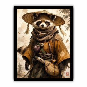 Fantasy raccoon wanderer canvas art for modern office, gaming room, and contemporary living room decor.