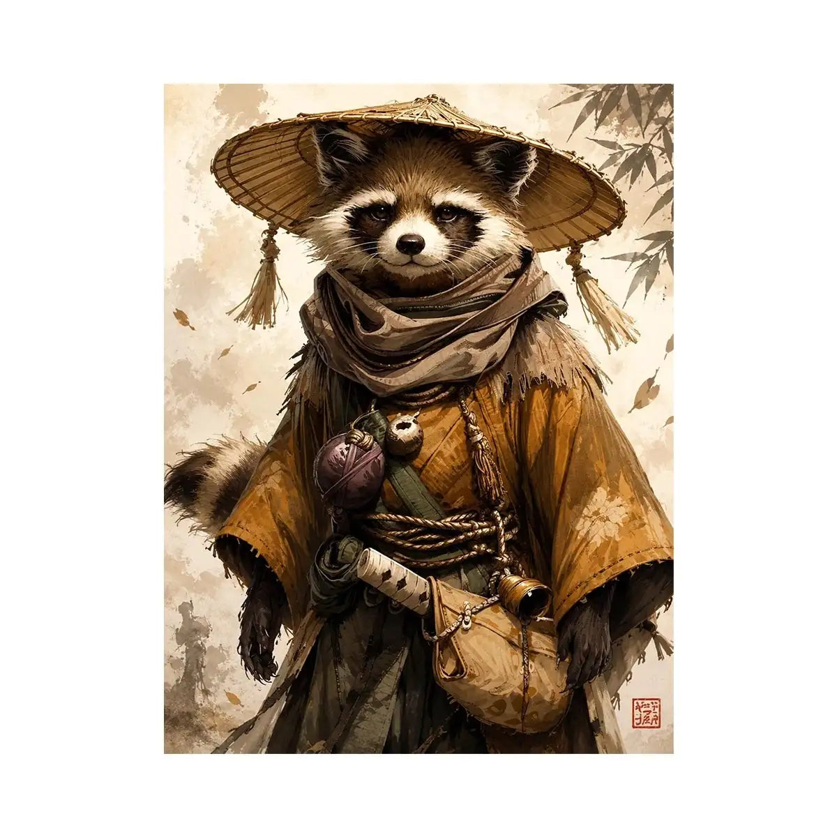 Fantasy raccoon wanderer canvas art for modern office, gaming room, and contemporary living room decor.