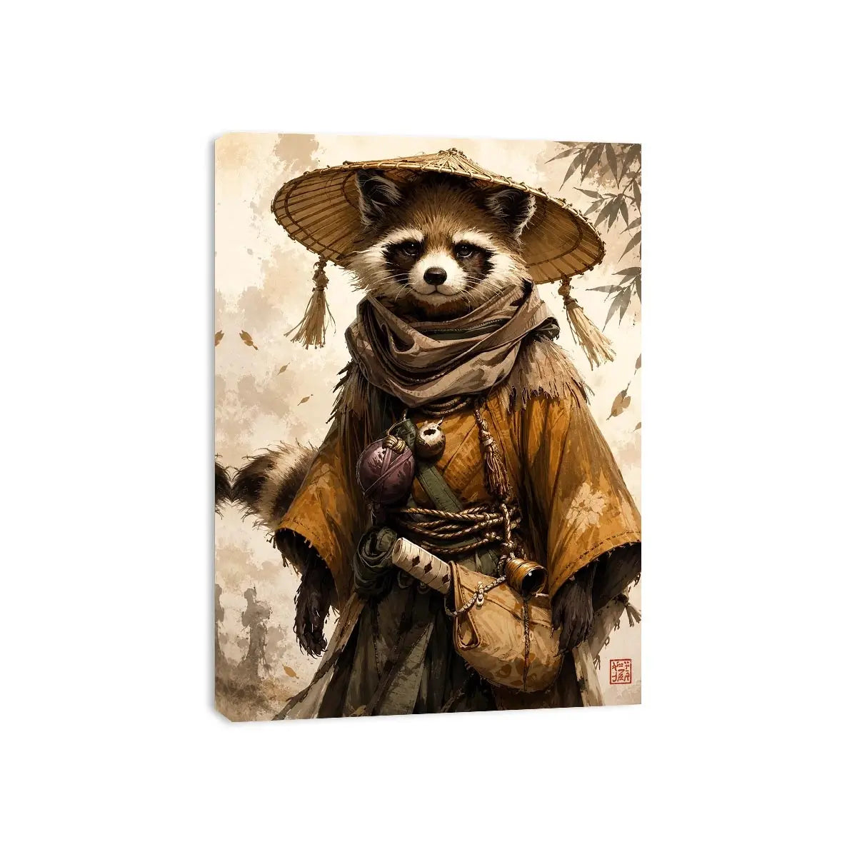 Fantasy raccoon wanderer canvas art for modern office, gaming room, and contemporary living room decor.