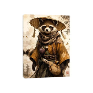 Fantasy raccoon wanderer canvas art for modern office, gaming room, and contemporary living room decor.