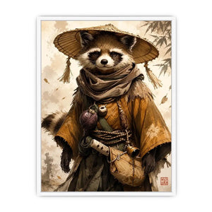 Fantasy raccoon wanderer canvas art for modern office, gaming room, and contemporary living room decor.