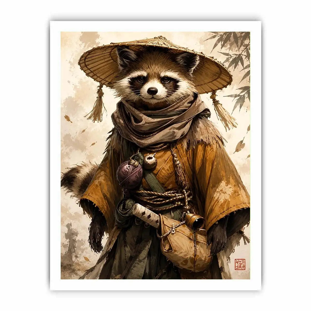 Fantasy raccoon wanderer canvas art for modern office, gaming room, and contemporary living room decor.
