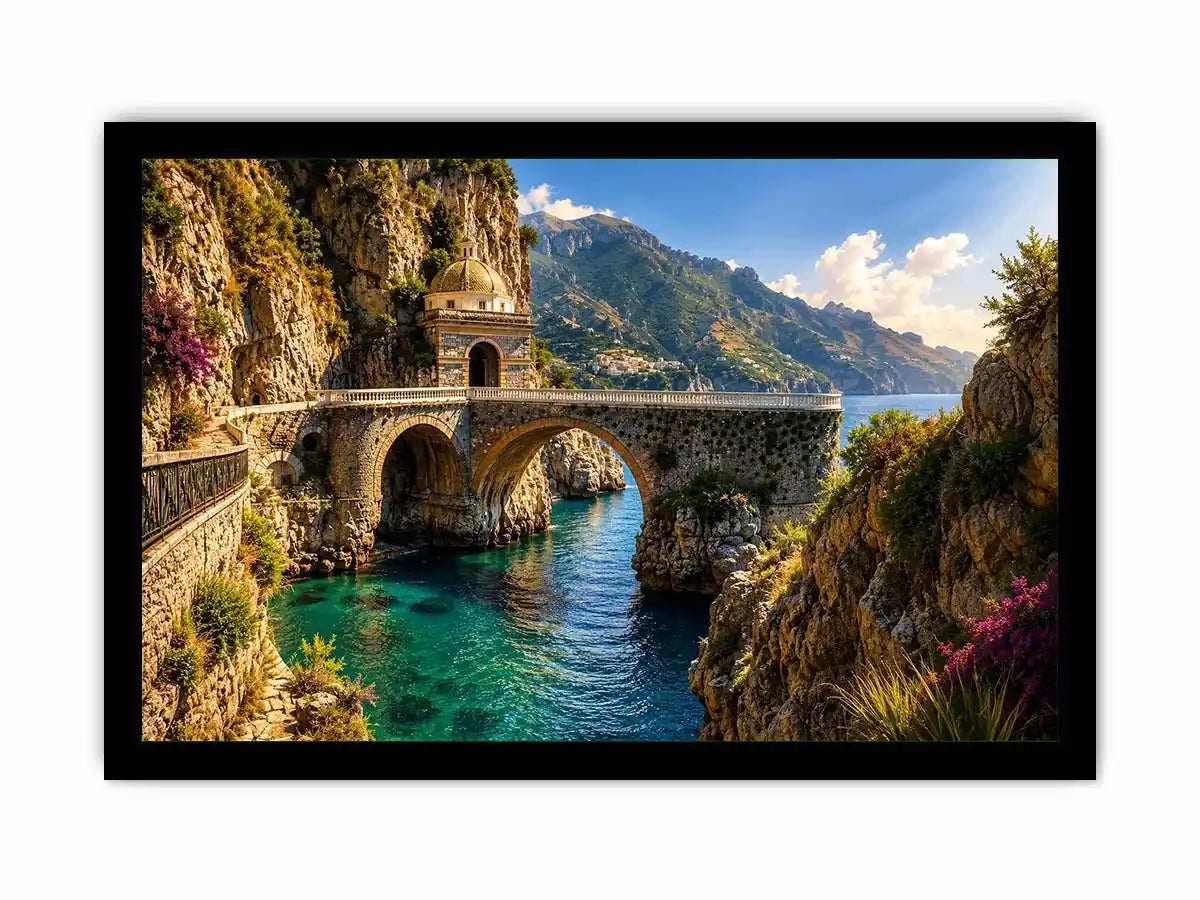 Mediterranean coastal bridge canvas art with turquoise sea for luxury living room and beach house decor.
