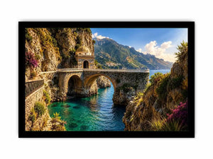 Mediterranean coastal bridge canvas art with turquoise sea for luxury living room and beach house decor.