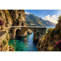 Mediterranean coastal bridge canvas art with turquoise sea for luxury living room and beach house decor.