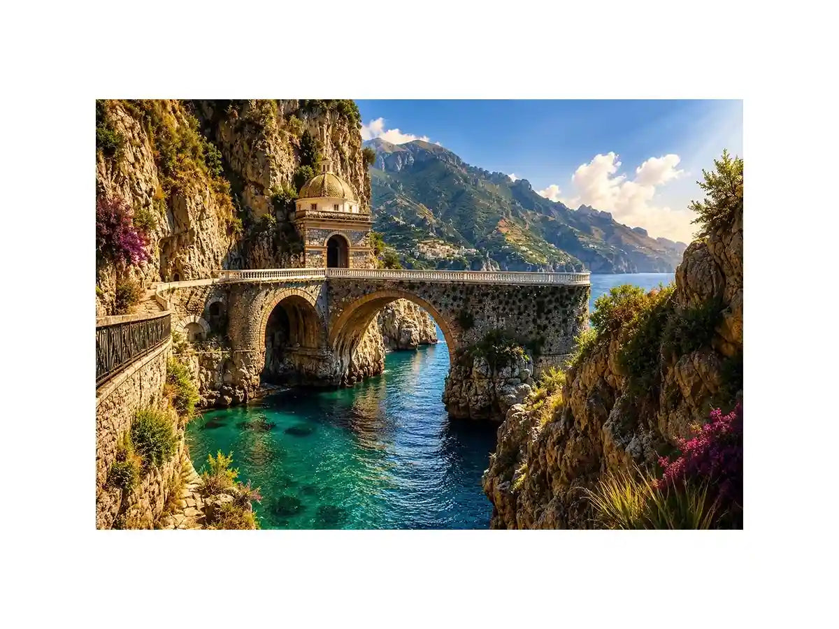 Mediterranean coastal bridge canvas art with turquoise sea for luxury living room and beach house decor.