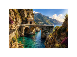 Mediterranean coastal bridge canvas art with turquoise sea for luxury living room and beach house decor.