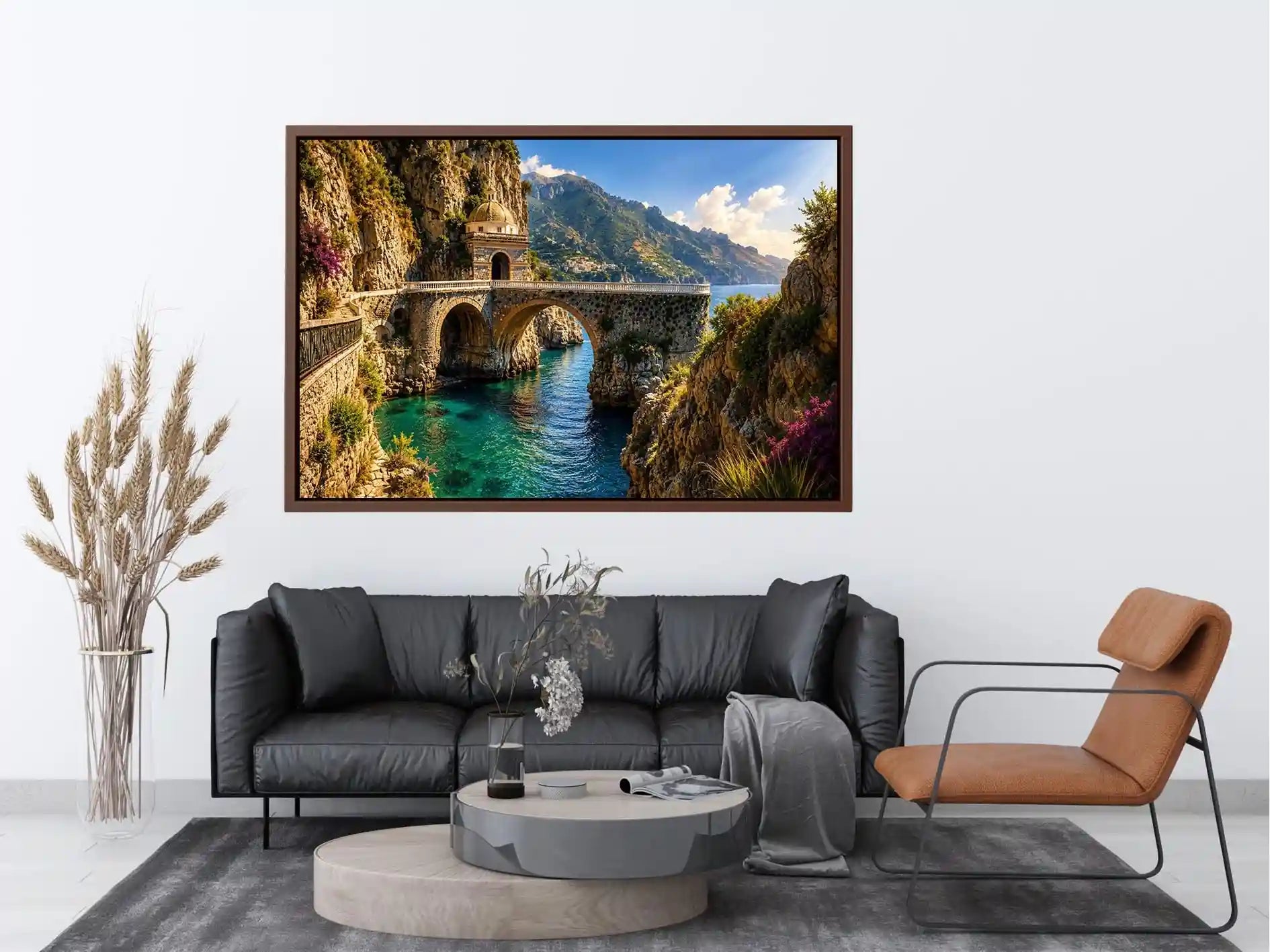 Mediterranean coastal bridge canvas art with turquoise sea for luxury living room and beach house decor.