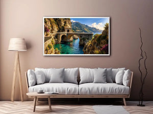 Mediterranean coastal bridge canvas art with turquoise sea for luxury living room and beach house decor.