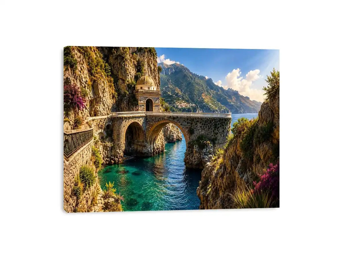 Mediterranean coastal bridge canvas art with turquoise sea for luxury living room and beach house decor.