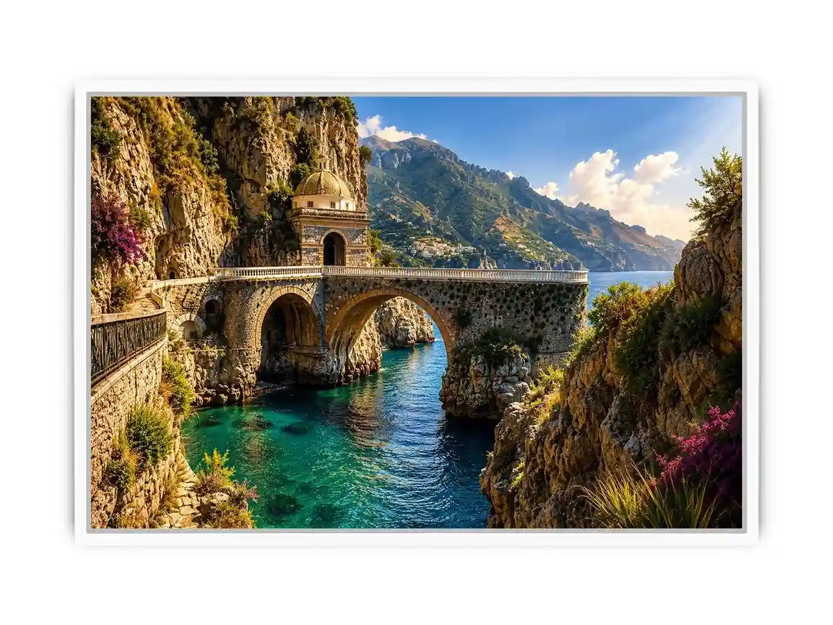 Mediterranean coastal bridge canvas art with turquoise sea for luxury living room and beach house decor.