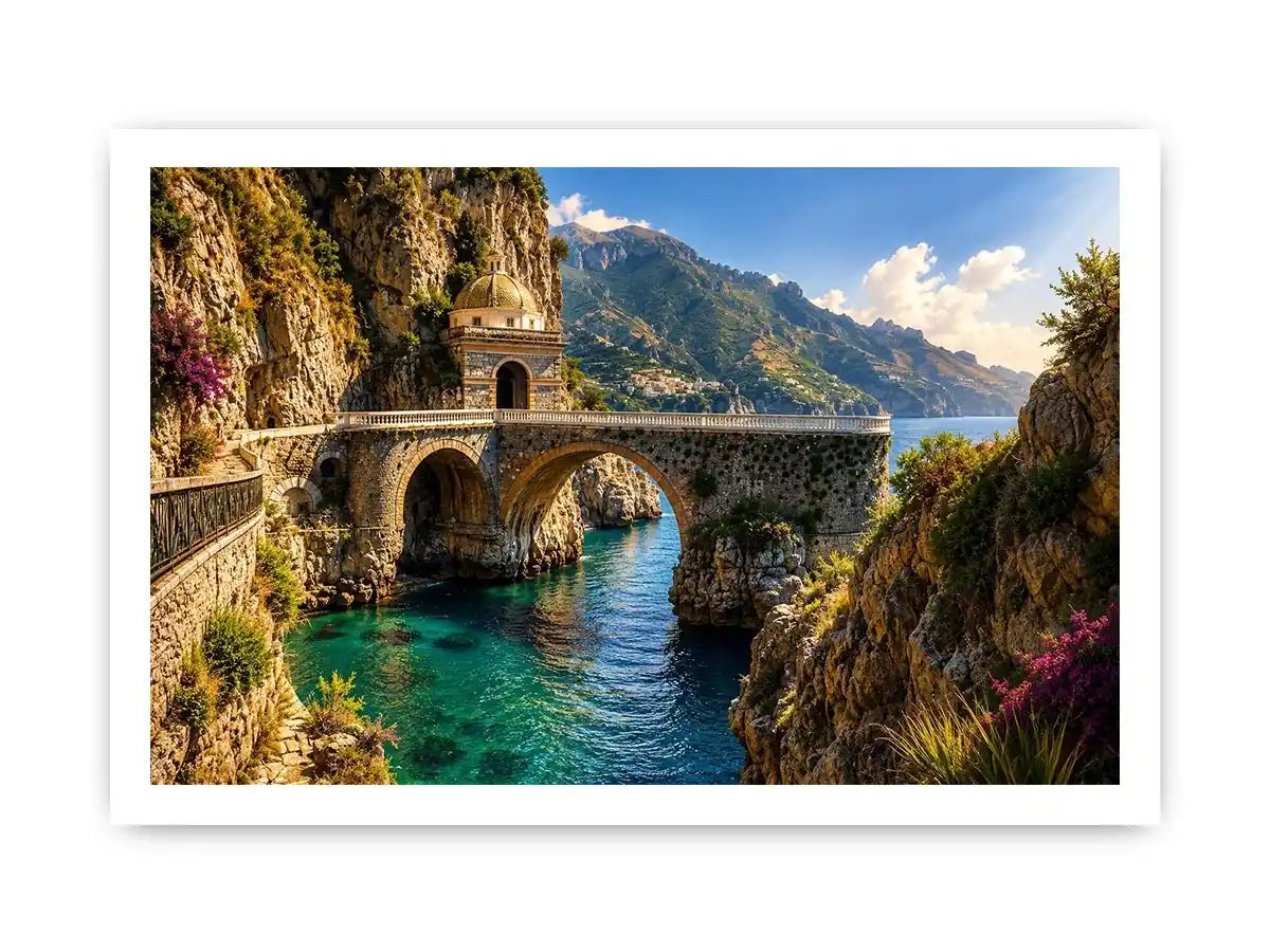 Mediterranean coastal bridge canvas art with turquoise sea for luxury living room and beach house decor.