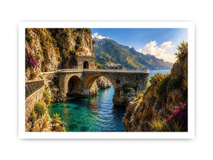 Mediterranean coastal bridge canvas art with turquoise sea for luxury living room and beach house decor.