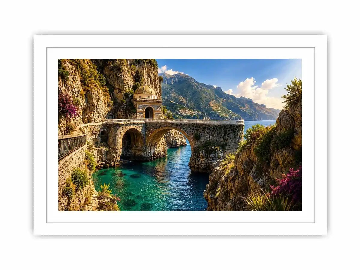 Mediterranean coastal bridge canvas art with turquoise sea for luxury living room and beach house decor.