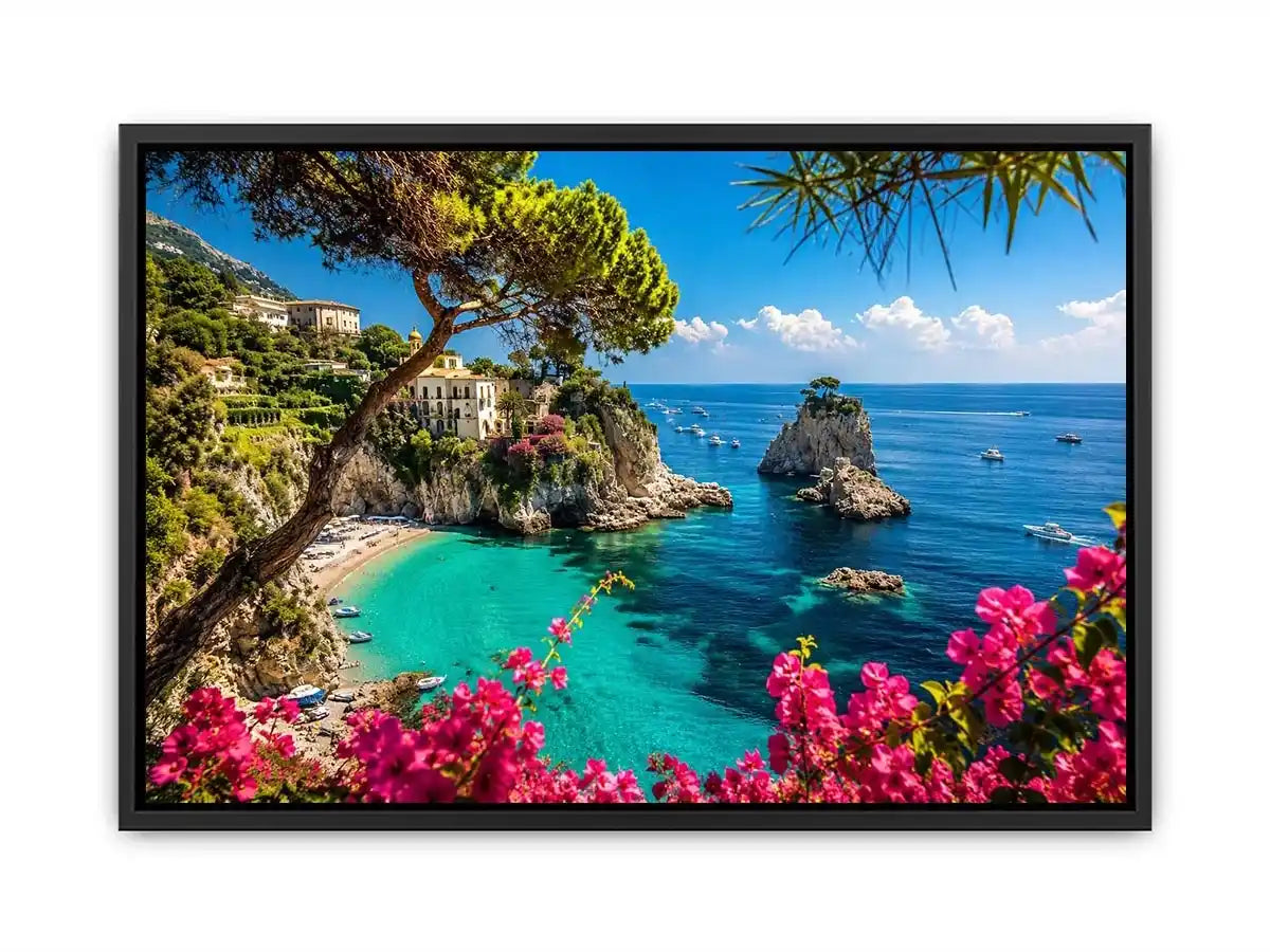 Mediterranean coastal paradise canvas art with turquoise sea for luxury living room and beach house decor.